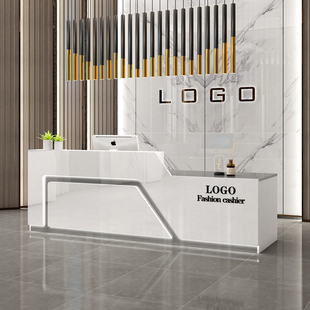 网红收银台烤漆吧台现代接待台理发店前台商用柜台办公桌灯带轻奢