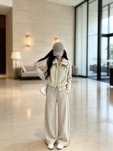 2026冬环保貂毛拼接假两件翻领拉链卫衣+加绒阔腿长裤套装女S070