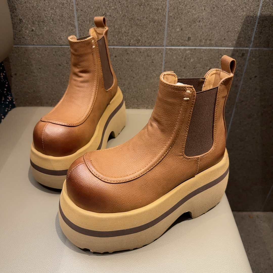 欧货重工粗跟厚底切尔西靴女2025秋冬小个子增高短筒靴松糕马丁靴