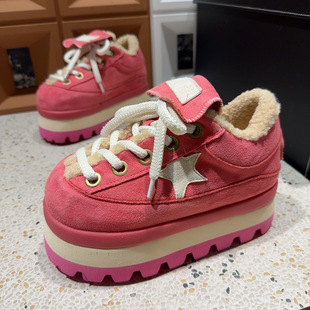 重工星星超高跟厚底面包鞋女2025冬加绒保暖毛毛增高休闲板鞋棉鞋