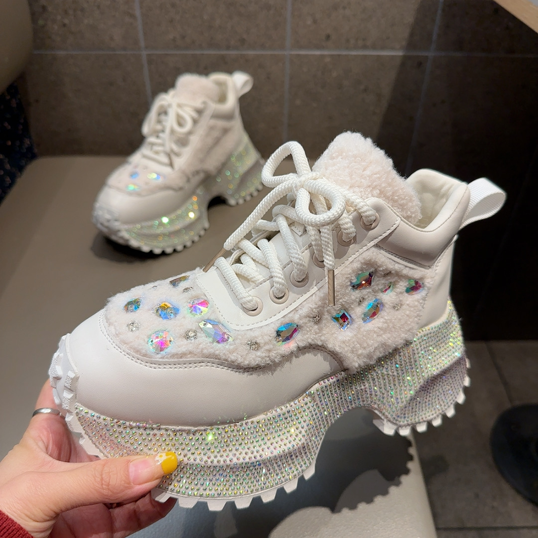 欧货重工毛毛水钻厚底老爹鞋女2025冬季满钻高帮棉鞋休闲运动潮鞋