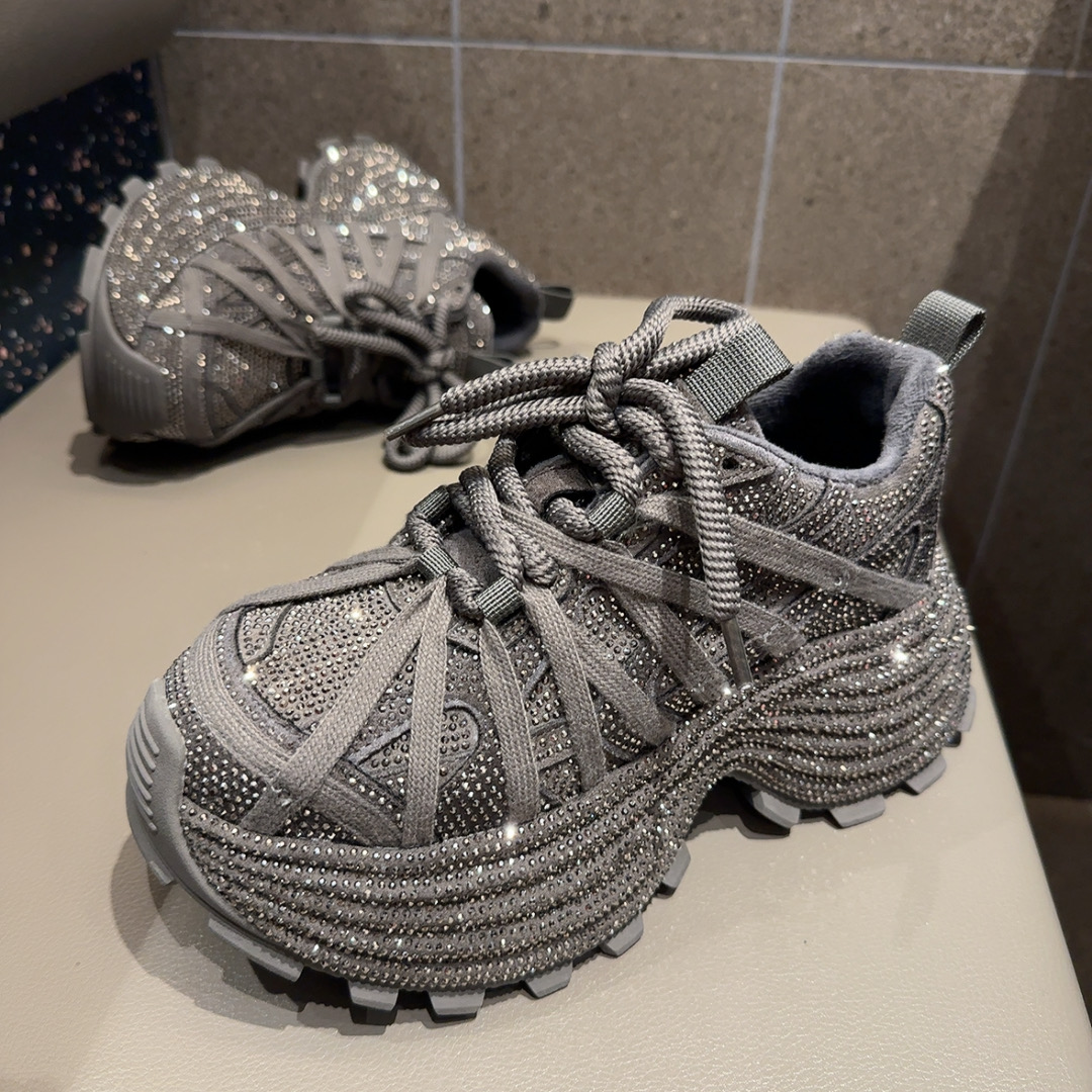 欧货重工水钻厚底老爹鞋女2025冬加绒高帮棉鞋满钻松糕休闲运动鞋