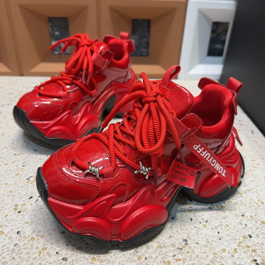 欧货重工漆皮绑带厚底老爹鞋女单新年红潮鞋小个子增高休闲运动鞋