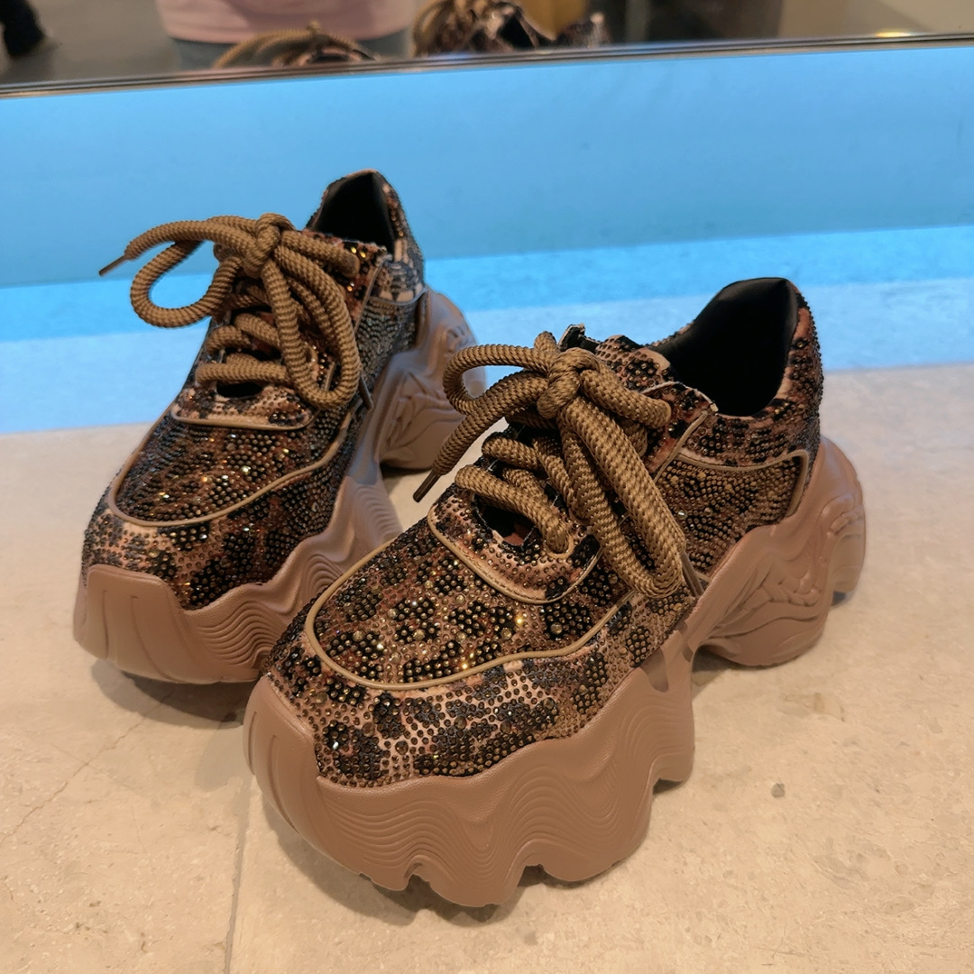 欧货重工豹纹水钻松糕厚底老爹鞋女韩版波浪增高运动鞋ins休闲潮