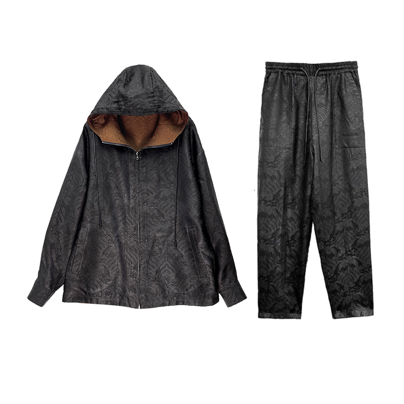 B25325+B1225桑蚕丝缇花香云纱江海云崖纹双面穿帽衫裤子时尚套装