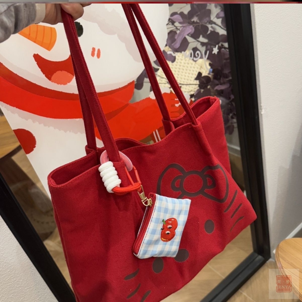 红色百搭帆布包书包袋印花斑点大海大学生轻便韩国包包手提包行包