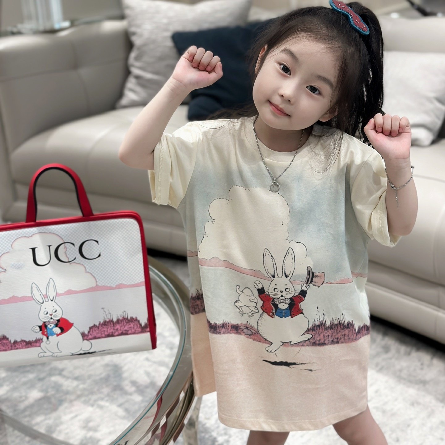 24欧美复古风大白兔子动物图案印花短袖T恤T裙男女童圆领半袖上衣,童装/婴儿装/亲子装,T恤,淘宝优惠券,粉丝福利购,淘宝优惠卷