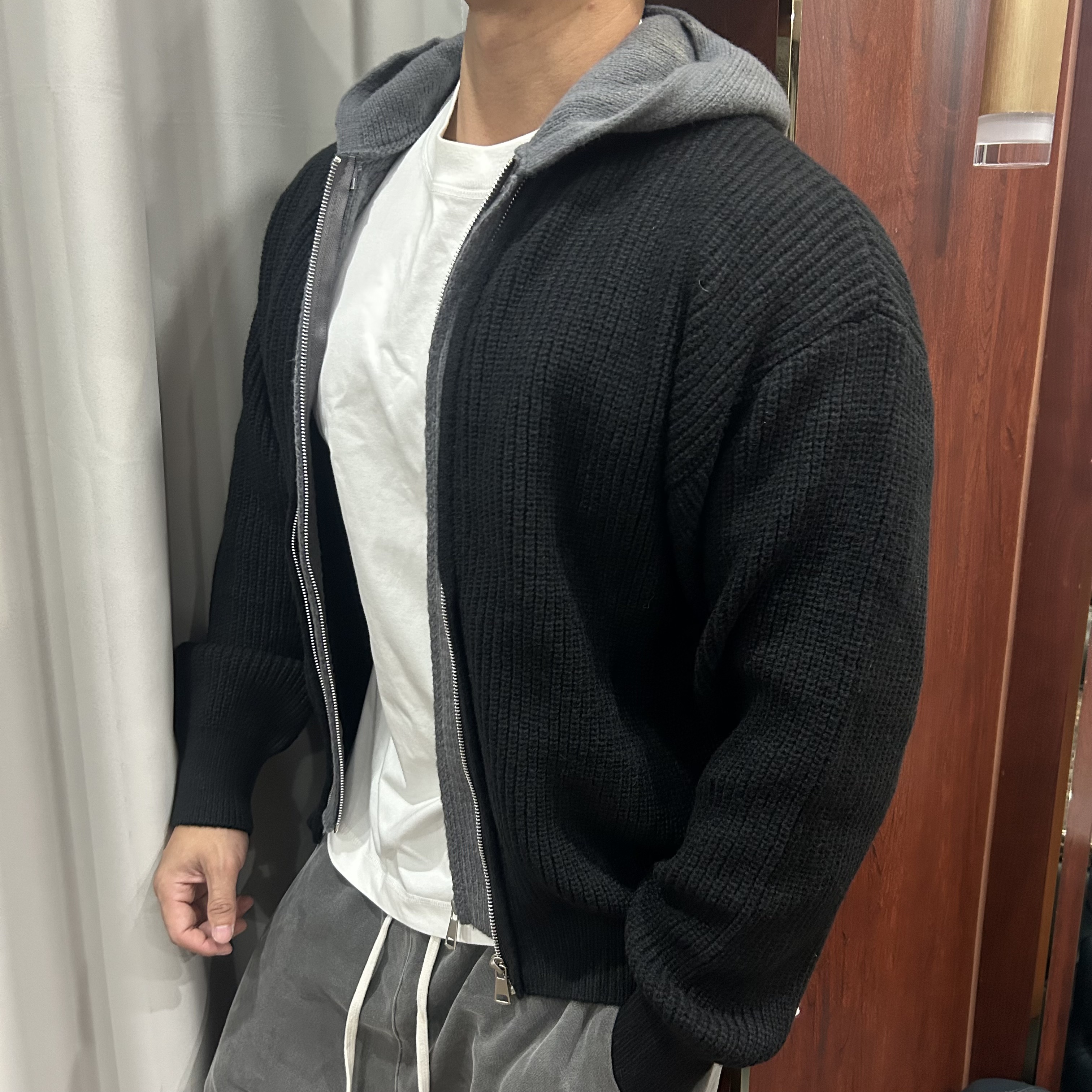 秋冬开衫连帽毛衣男运动休闲仿鹿毛绒潮牌复古慵懒风针织衫外套