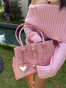 鳄鱼皮纹路彩色钻石宝石小众斜挎包港风美式 街头潮流手提包旅行包