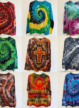 扎染长袖T恤（日更单品）纯棉休闲彩虹螺旋冰染草木男女春秋冬