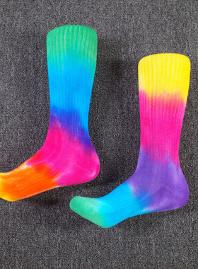 原创手工扎染彩虹纯棉毛巾袜子毛圈休闲运动ins街潮中筒网红鸳鸯