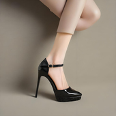 细跟性感夜场走秀一字扣带凉单鞋 13cm新款 尖头防水台超高跟鞋 12cm