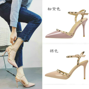 9cm性感高跟鞋 女裸色粉紫色 漆皮尖头一字带搭扣细跟铆钉春夏凉鞋