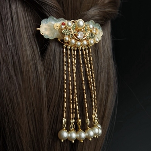 复古气质天然岫玉小叶银杏古风发饰国风旗袍汉服流苏步摇发夹