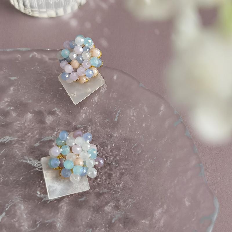 气质时尚手工编织小众甜美果冻色优雅925银针耳钉耳夹无耳洞饰品