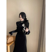 春秋新中式 黑色旗袍女国风禅意气质改良连衣裙收腰晚礼服长裙