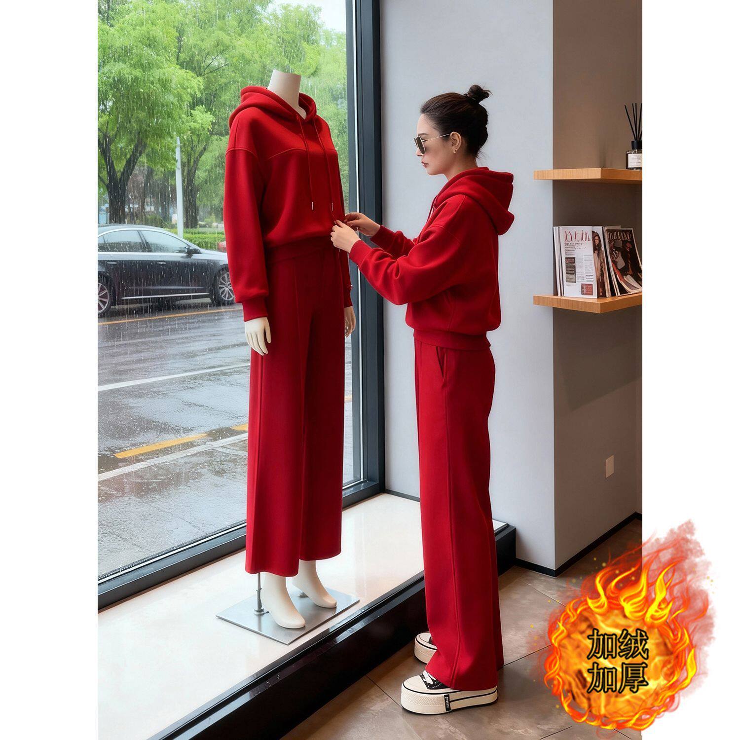 橘色连唱卫衣套装女秋冬加绒加厚欧货高端时尚跑步运动休闲两件套