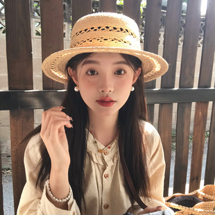『%拉菲草』手编织平顶草帽子女新夏防晒镂空优雅礼帽