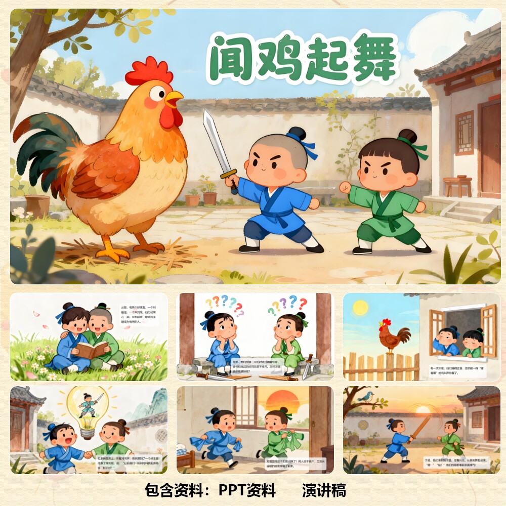 寓言成语故事《闻鸡起舞》PPT11页+背景乐+演讲稿566字 C00851