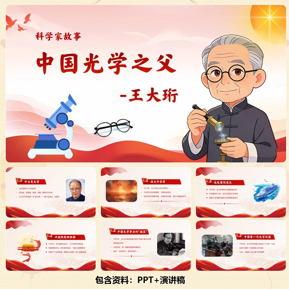 科学家故事《光学之父王大珩》PPT12页+背景乐+讲稿869字 C00946