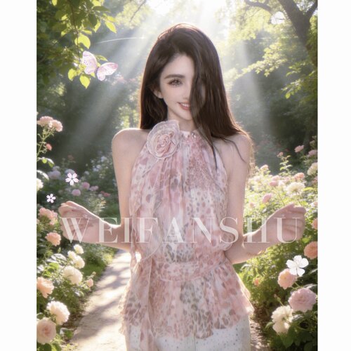 凡舒轻奢 酷感甜心2026年春夏新款甜美仙气粉色豹纹印花无袖上衣