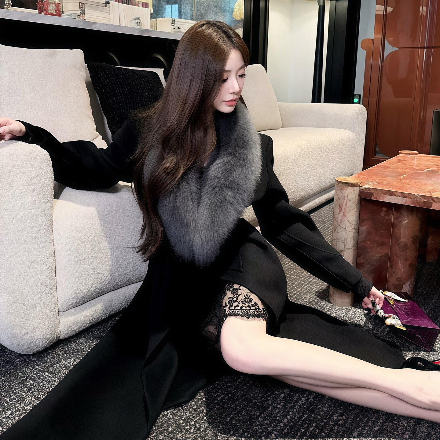 魏凡舒【午夜权杖】狐狸毛领毛呢外套女秋冬系带长款黑色羊绒大衣