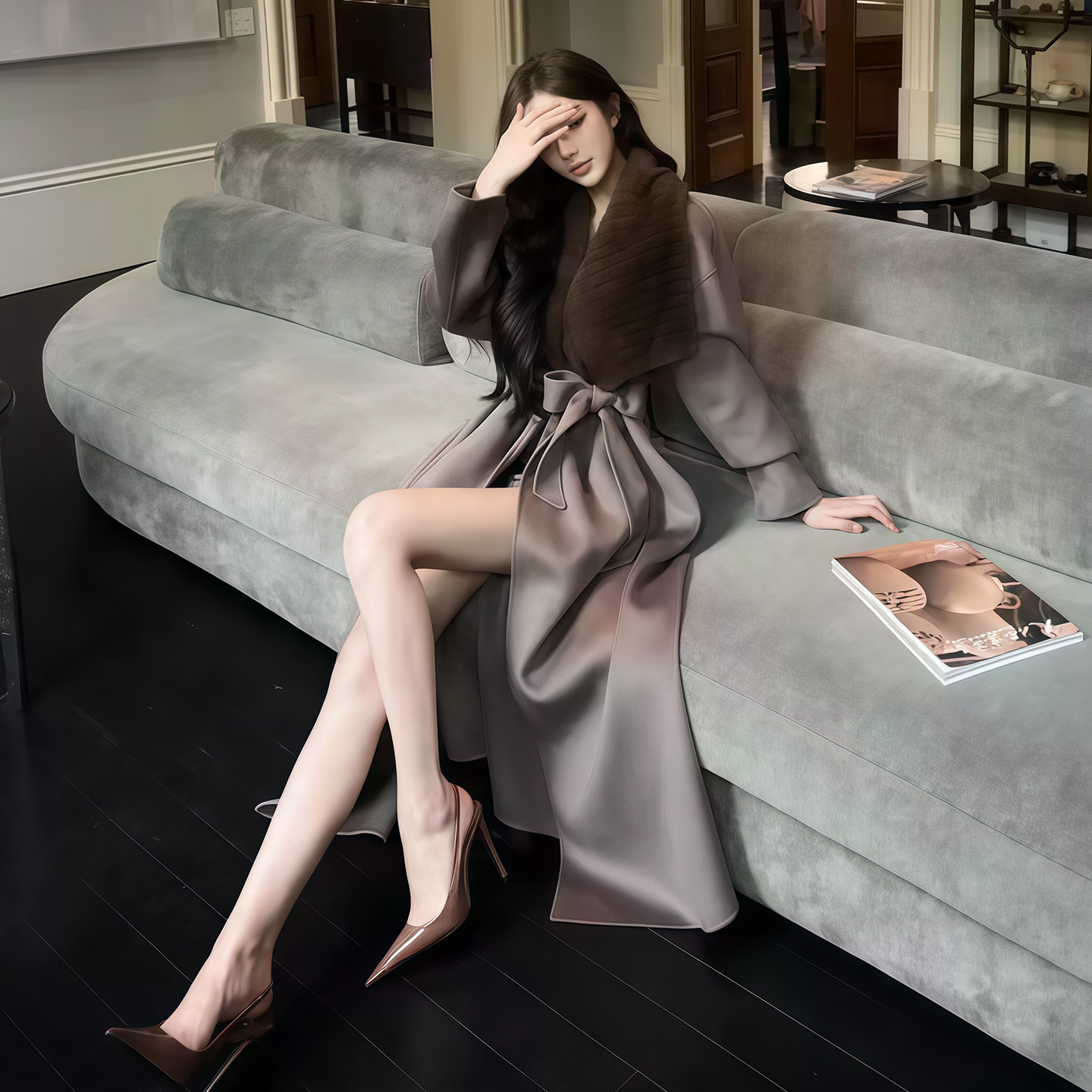 设计感带毛领长款羊绒大衣外套女
