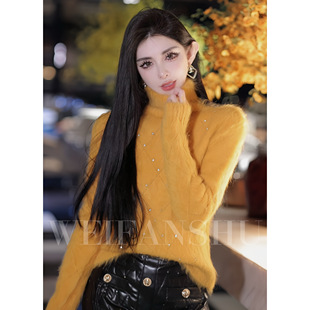 魏凡舒【余晖笔迹】高领拉绒毛衣女秋冬软糯感菱格钉珠羊驼毛上衣