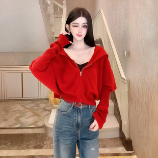 魏凡舒【初秋手札】绵羊毛连帽毛衣外套女士2026新款短款针织开衫
