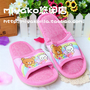 轻松卡通小熊软底儿童成人可爱女室内居家防滑布拖鞋（两色选）