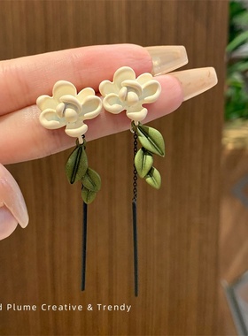 925银针 春夏新款森系栀子花耳环女独特长款流苏耳坠茶系显瘦耳饰