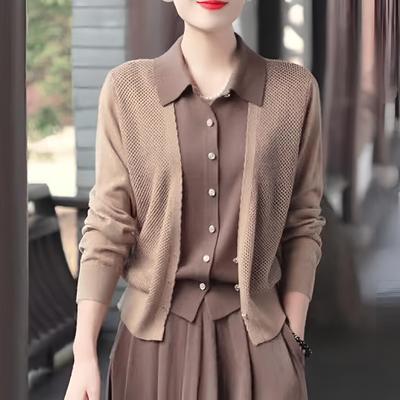 假两件开衫翻领长袖针织衫女秋冬新款宽松显瘦气质外套时尚上衣