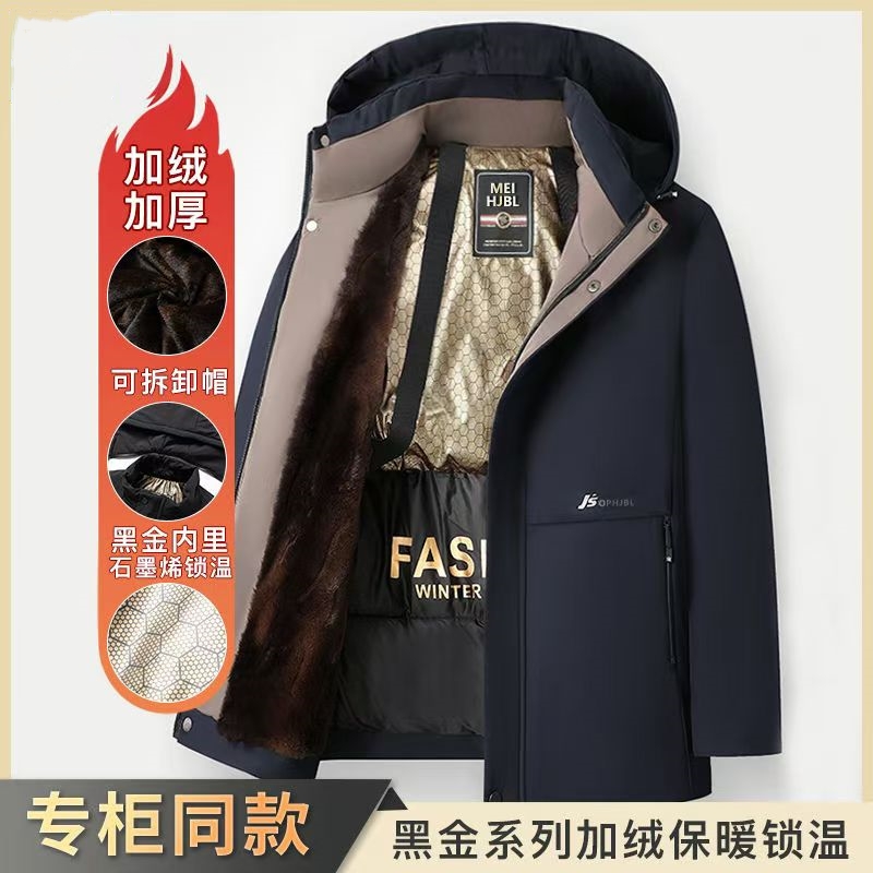 冬季男装派克服中老年人爸爸羽绒棉服加绒加厚中长款棉衣防风外套