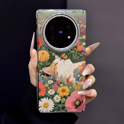 花丛猫咪适用vivoxfold5手机壳折叠屏保护套xfold3pro贝壳纹皮质中轴磁吸fold3半包后壳