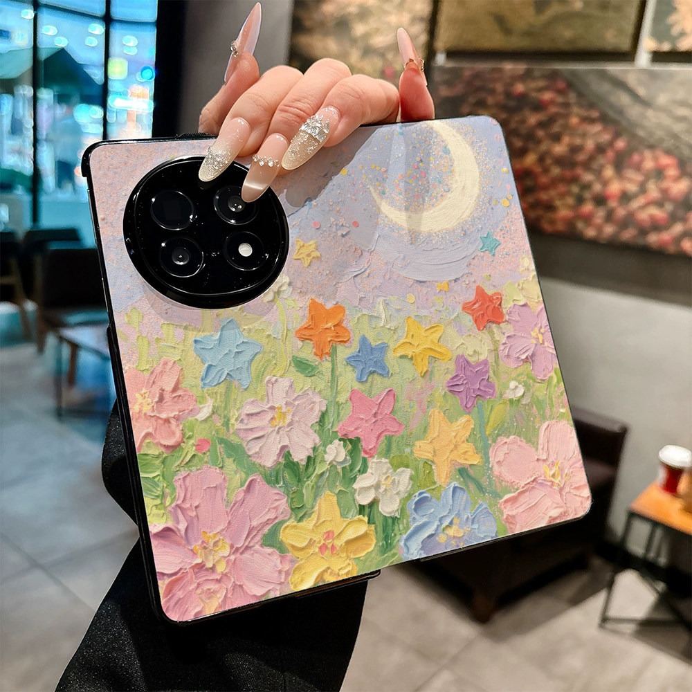 油画五角星和花卉适用OPPO Find N5手机壳FIND N6新款折叠屏N4高档防摔保护套创意高级感磁吸休眠翻盖皮纹