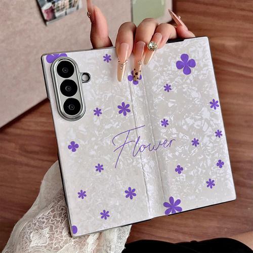 浅底紫花适用三星Galaxy Z Fold7手机壳女新款zfold6折叠屏fold5贝壳纹电镀翻盖fold4防摔保护套