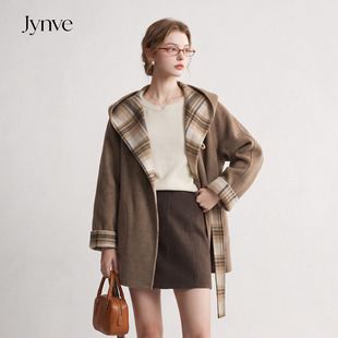 Jynve 两面穿复古格子双面羊绒大衣女2026秋冬新款连帽羊毛呢外套