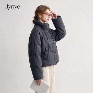 Jynve 灰色立领短款羽绒服女2026冬季复古保暖90白鸭绒加厚外套