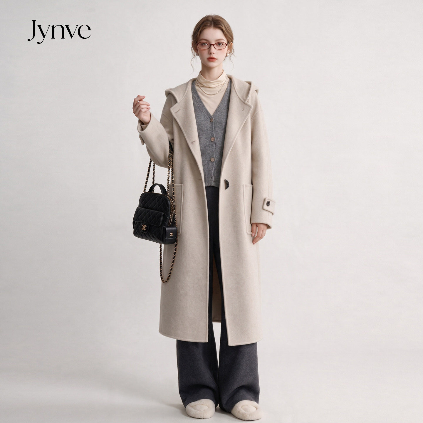 Jynve 双面羊绒大衣女中长款2026秋冬季高级感气质连帽羊毛呢外套