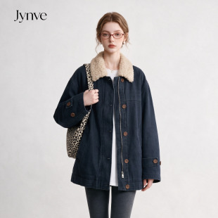 Jynve 复古羊羔毛翻领加绒牛仔外套女2026秋冬款宽松保暖工装夹克