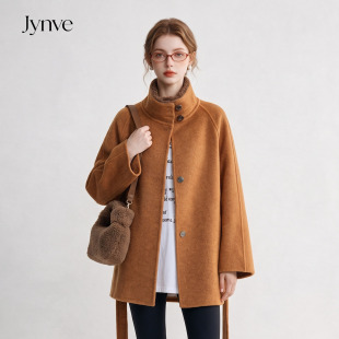 Jynve 橘色双面羊绒大衣女2026秋冬羊羔毛立领廓形短款羊毛呢外套