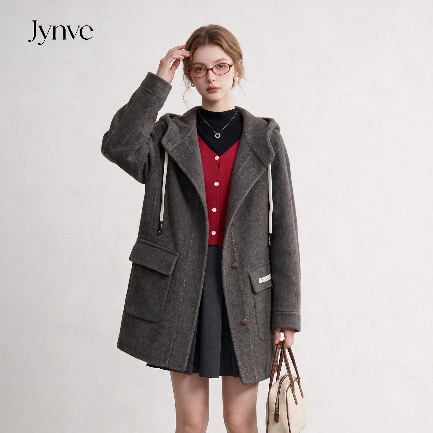 Jynve 连帽双面羊毛呢外套女2026冬季新款韩系休闲中长款呢子大衣