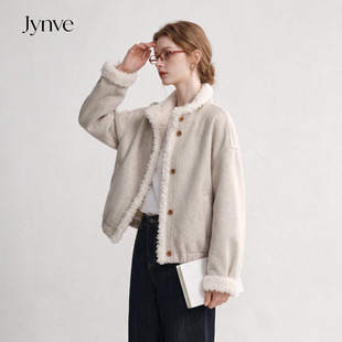 Jynve 韩系短款双面羊绒大衣女2026冬气质漂亮毛绒拼接羊毛呢外套