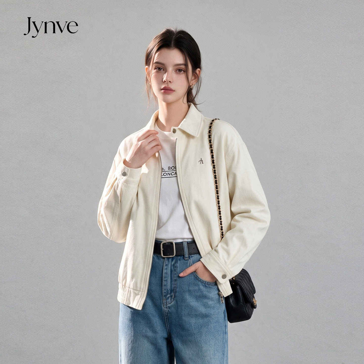 Jynve 米白色工装风翻领拉链短外套女2026秋季休闲慵懒风夹克上衣
