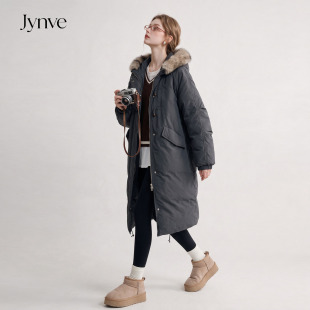 Jynve 灰色大毛领连帽派克羽绒服女2026冬中长款90白鸭绒保暖外套