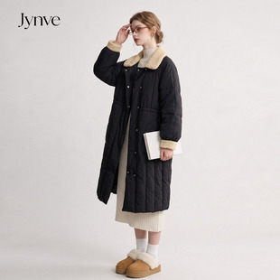 Jynve 黑色羊羔毛翻领羽绒服女2026冬中长款抽绳收腰加厚保暖外套