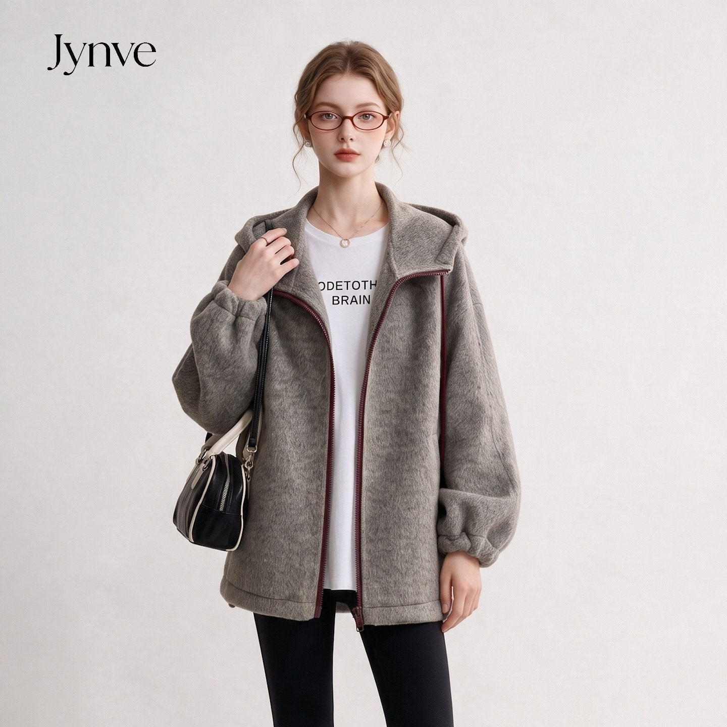 Jynve 灰色慵懒风连帽羊毛大衣女2026冬新款韩版学院风双面呢外套