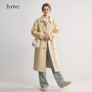 Jynve 鹅黄色韩系牛角扣毛呢外套女2026秋冬超好看中长款呢子大衣
