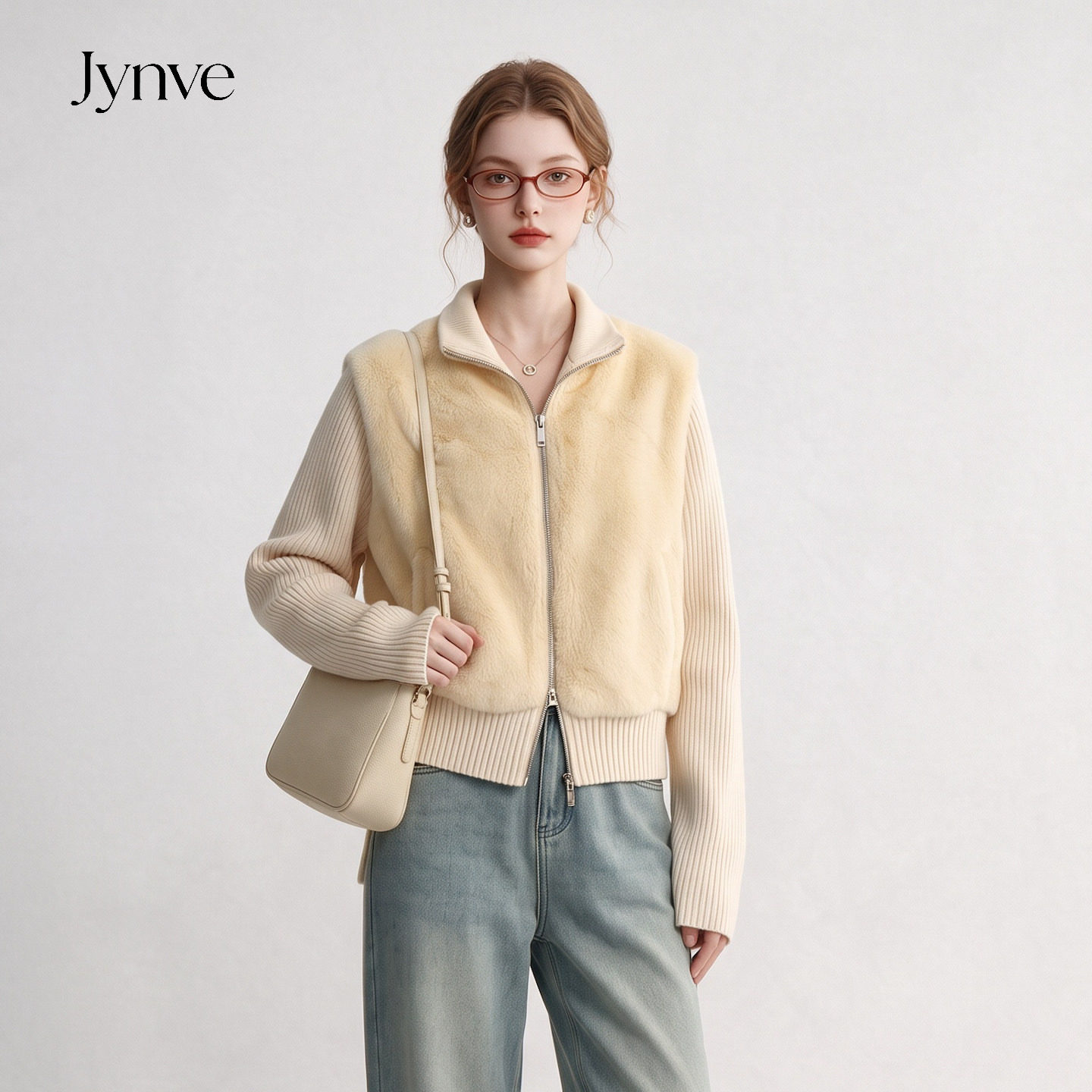 Jynve 奶油黄韩系针织拼接毛毛外套女2026秋冬设计感加厚环保皮草