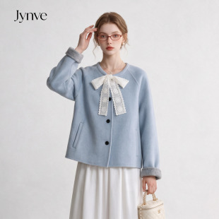 Jynve 蓝色法式温柔系带双面羊绒大衣女2026冬季小个子羊毛呢外套